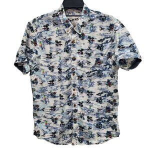 MBX Denim Wear Men's White Blue‎ Tropical Hawaiian Print Coconut Button Up Top L